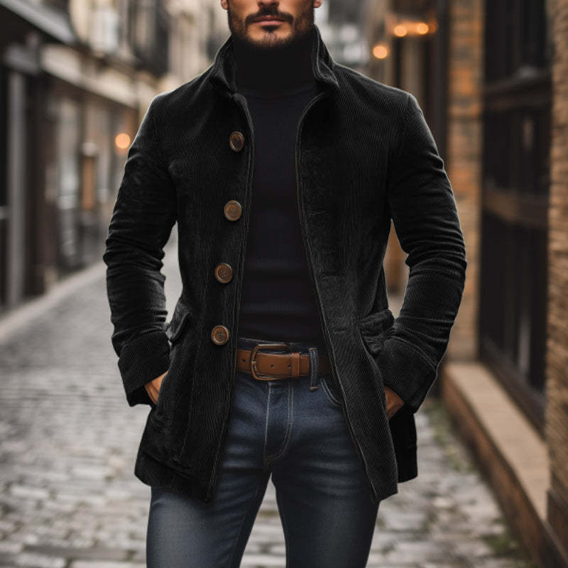 Men's Vintage Corduroy Stand Collar Single Breasted Slim Short Coat 