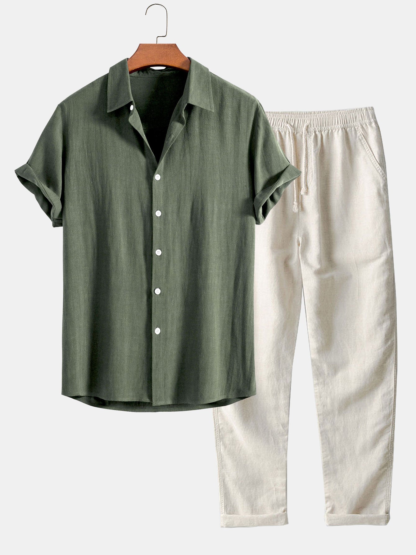 Linen Rayon Blend Button Up Shirt & Straight Leg Linen Pants