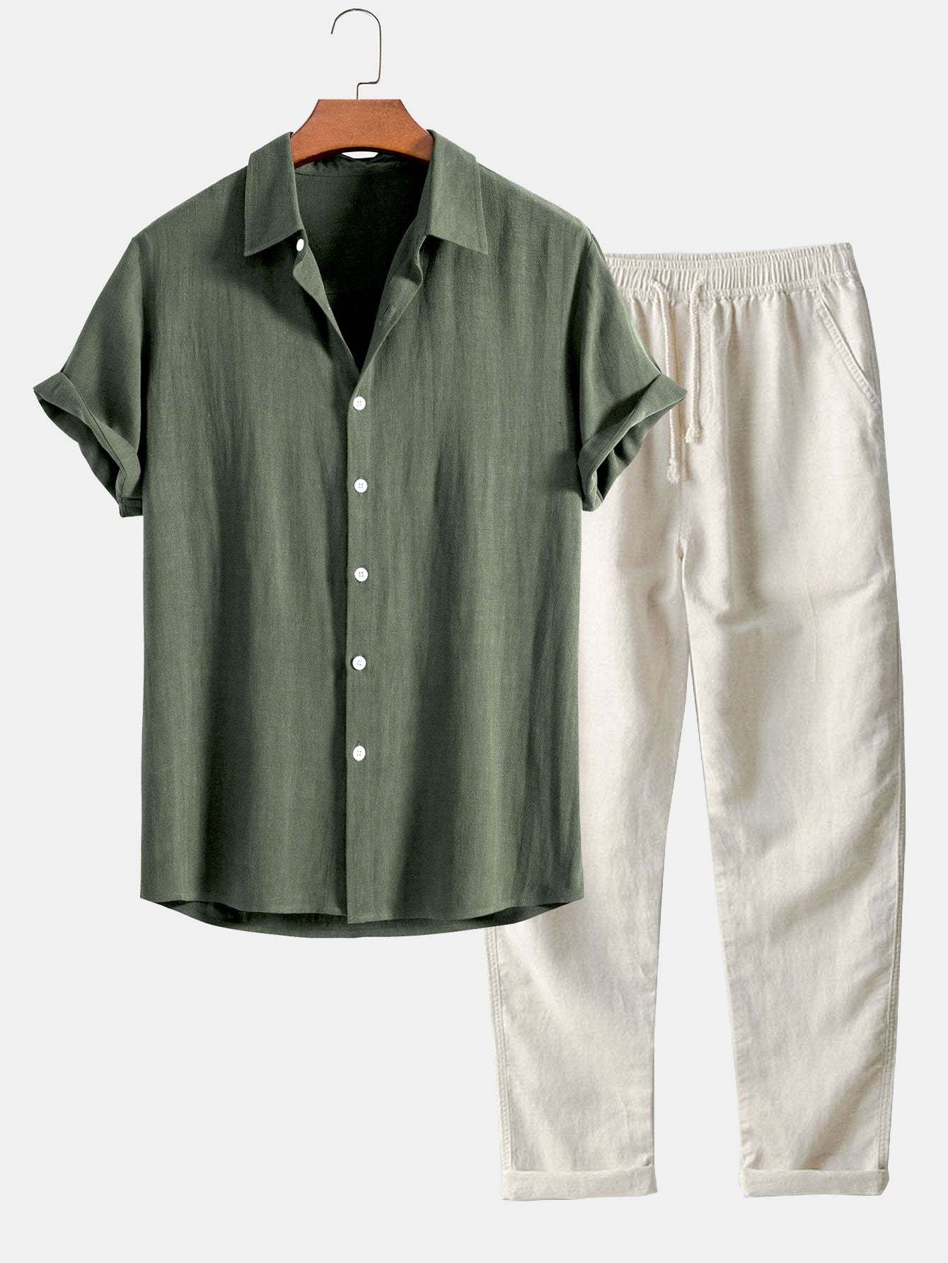 Linen Rayon Blend Button Up Shirt & Straight Leg Linen Pants