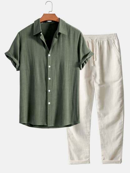 Linen Rayon Blend Button Up Shirt & Straight Leg Linen Pants