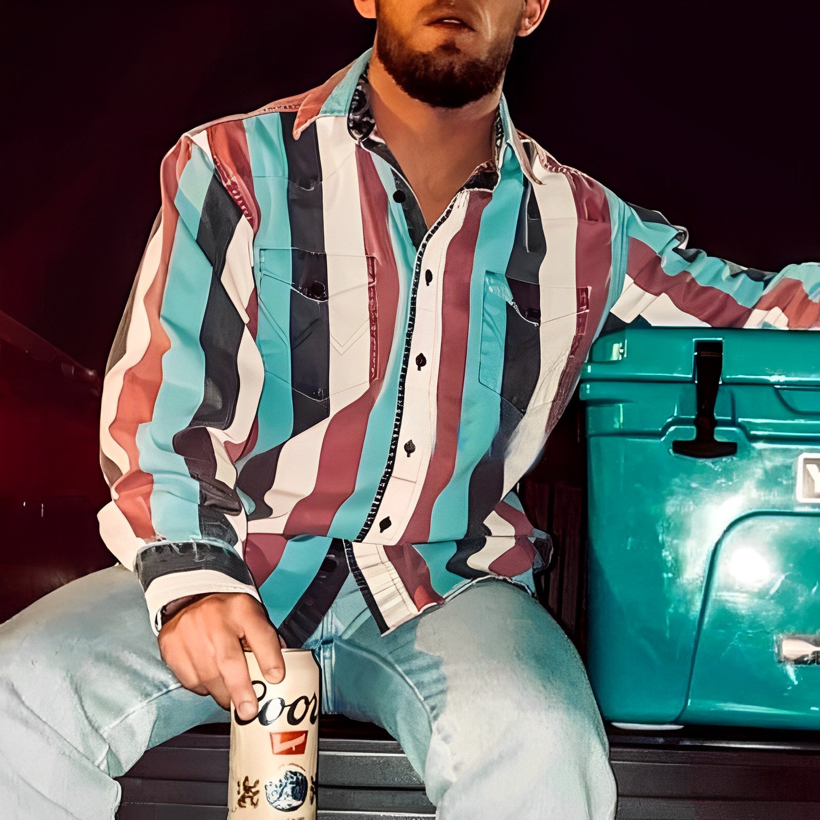Men's Retro Color Block Stripe Printed Loose Long Sleeve Shirt 