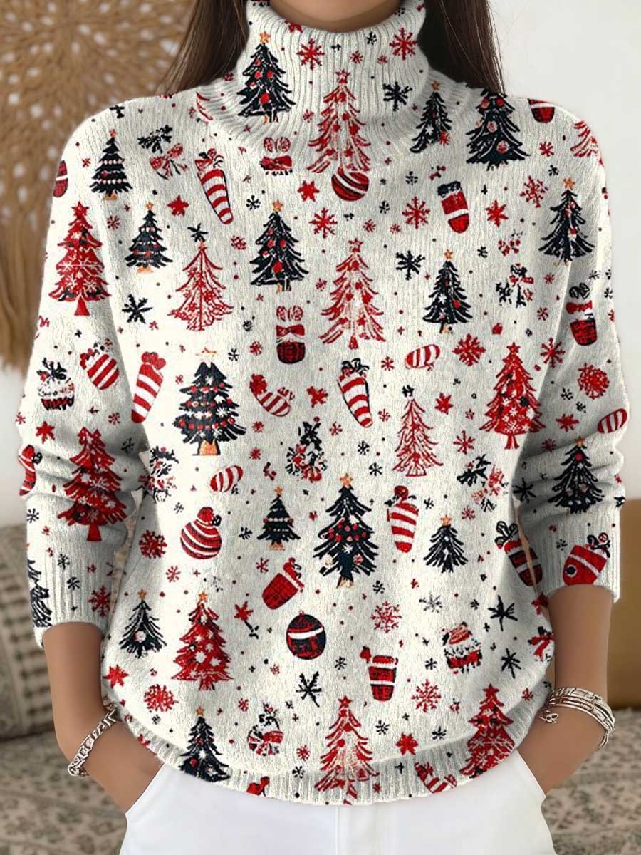 Women's Christmas Tree Art Print Buttoned Cardigan Sweater