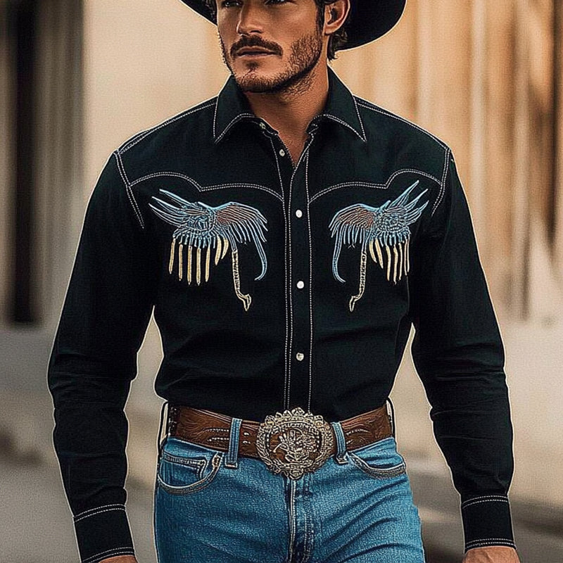 Men's Embroidered Western Cowboy Style Long Sleeve Shirt 