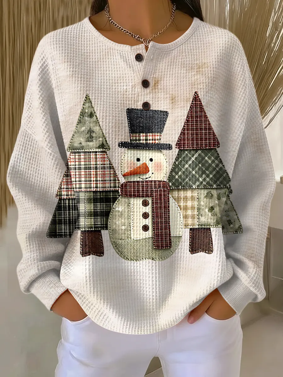 Women's Vintage Christmas  Art Print Casual Cotton Waffle Sweatshirt