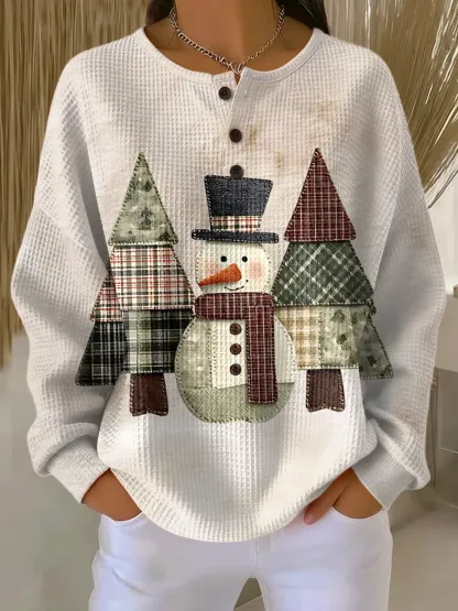 Women's Vintage Christmas  Art Print Casual Cotton Waffle Sweatshirt