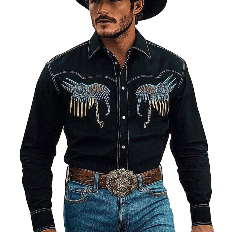 Men's Embroidered Western Cowboy Style Long Sleeve Shirt 