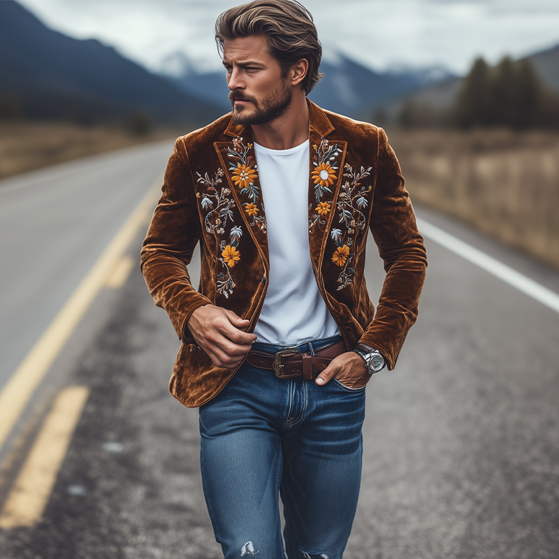 Men's Classic Retro Slim Fit Single Breasted Velvet Embroidered Blazer