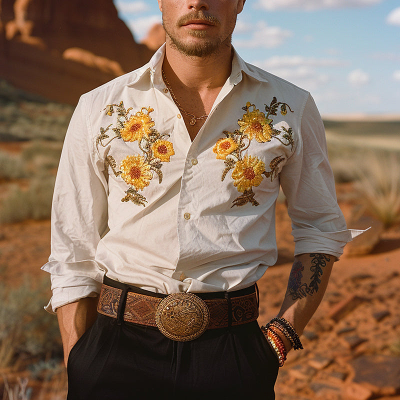 Men's Casual Floral Embroidery Print Long Sleeve Shirt 