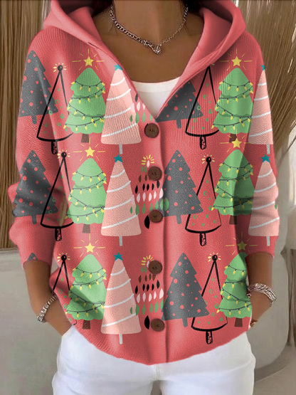 Women's Beautiful And Colorful Winter Christmas Tree Painting Art Print Casual Hooded Button Sweater