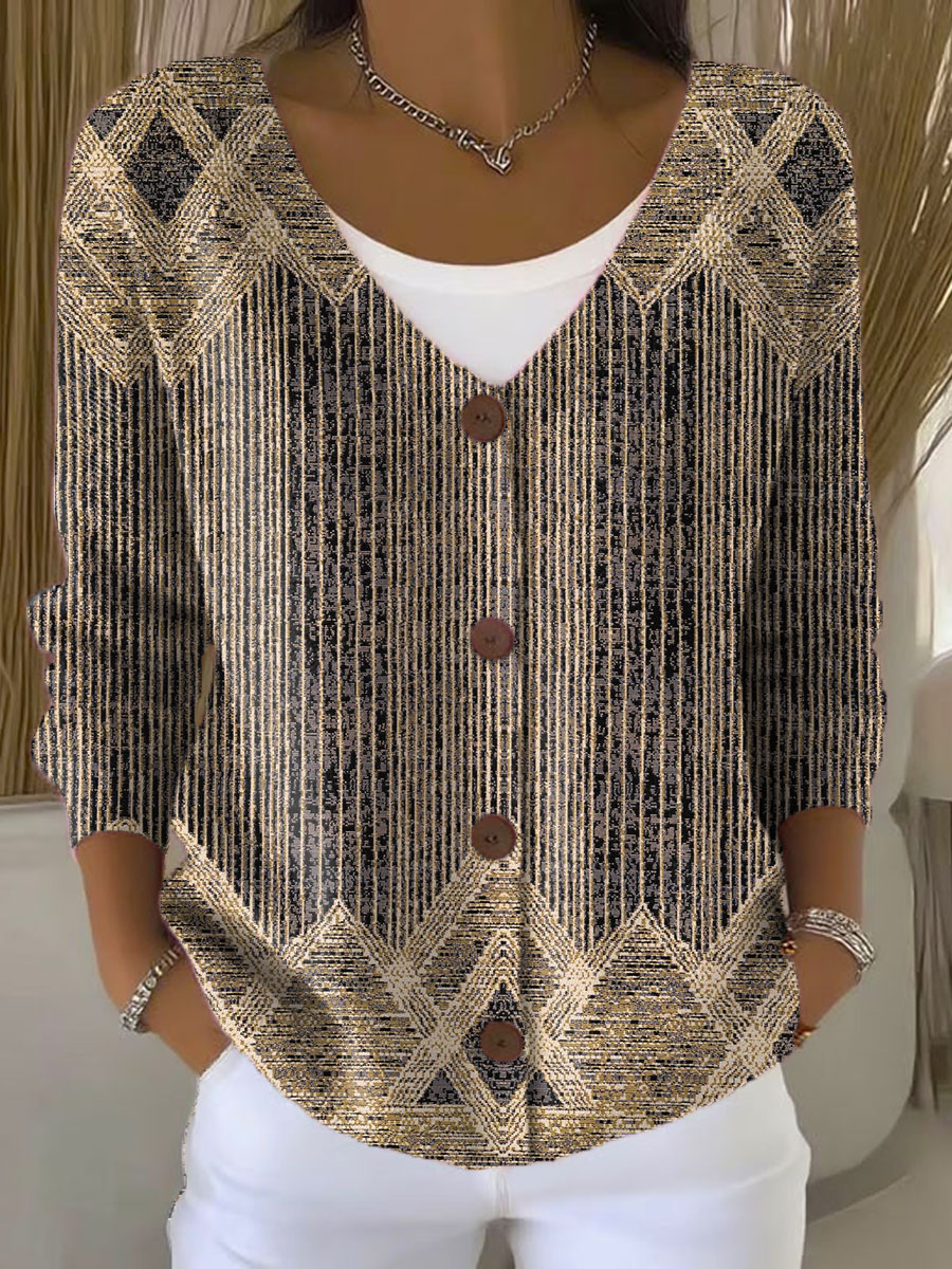 Vintage Abstract Geometry Art Print Buttoned V-neck Cardigan Sweater