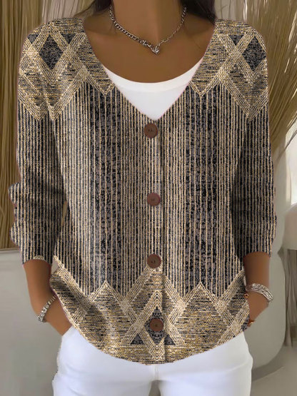 Vintage Abstract Geometry Art Print Buttoned V-neck Cardigan Sweater