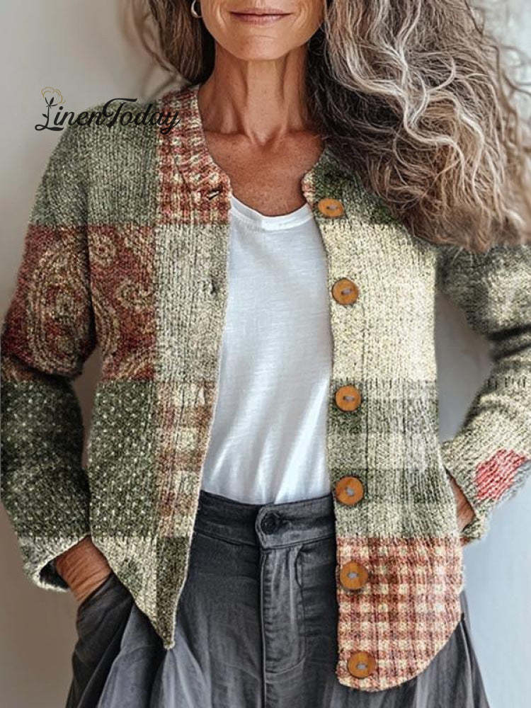 Vintage Christmas Colors Print Buttoned Cardigan Sweater