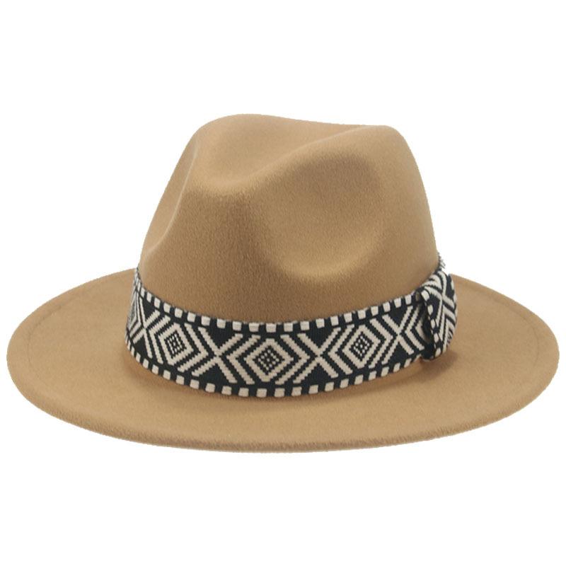 Wide Brim Dome Ethnic Square Webbing Wool Hat