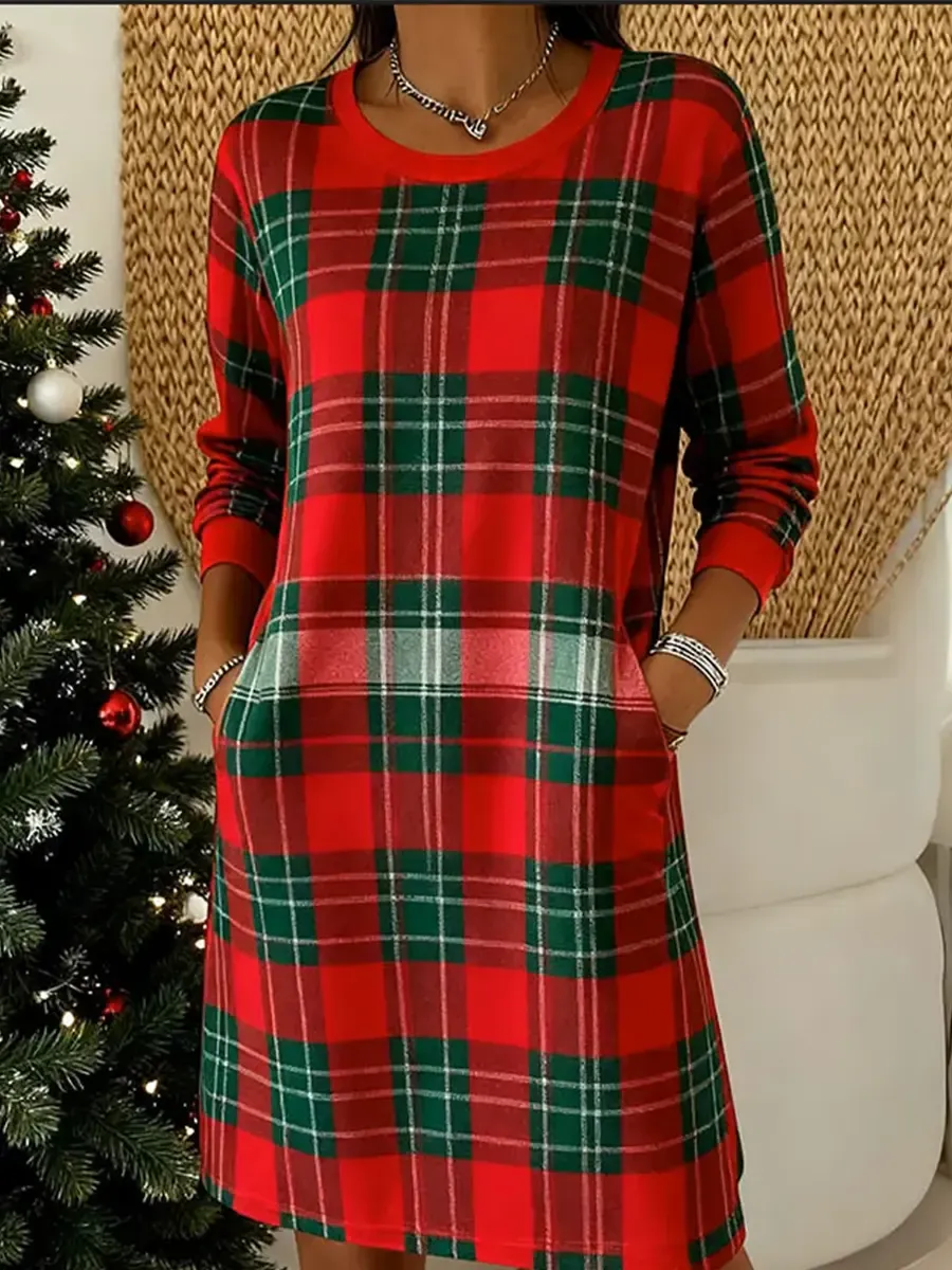 Women's Christmas Plaid Long-sleeved Dress