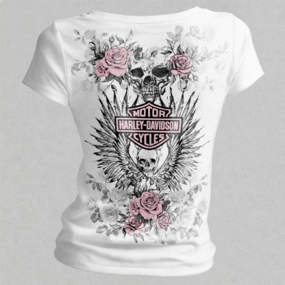  Motorcycles Printed Women's V-neck Pleated Waist Fitted T-shirt