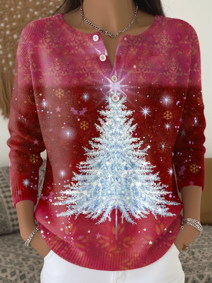 Christmas Tree Art Print Buttoned Cardigan Sweater