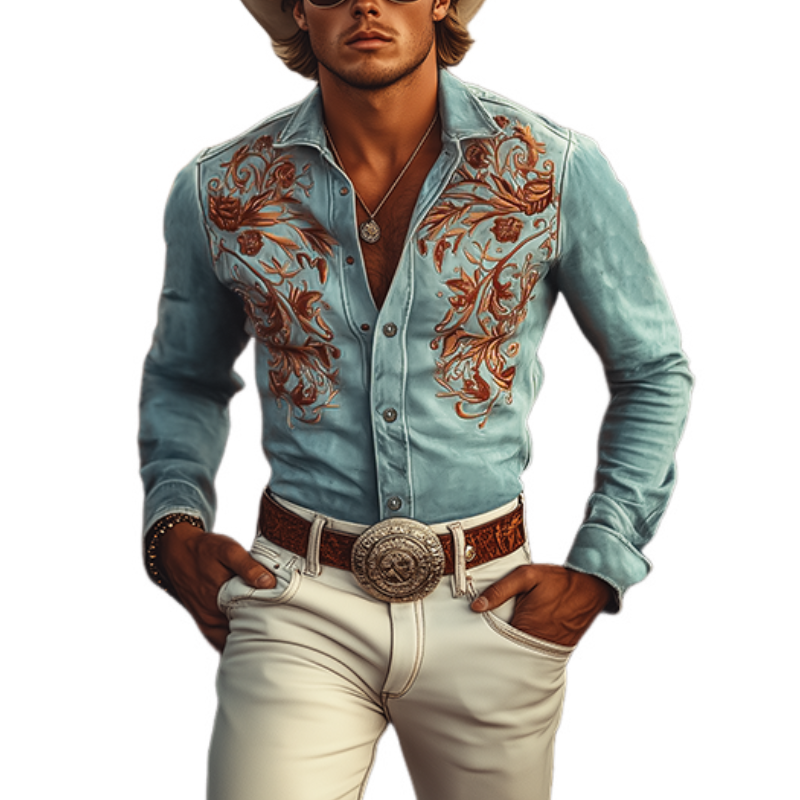Men's Classic American Retro Western Suede Embroidered Long Sleeve Shirt