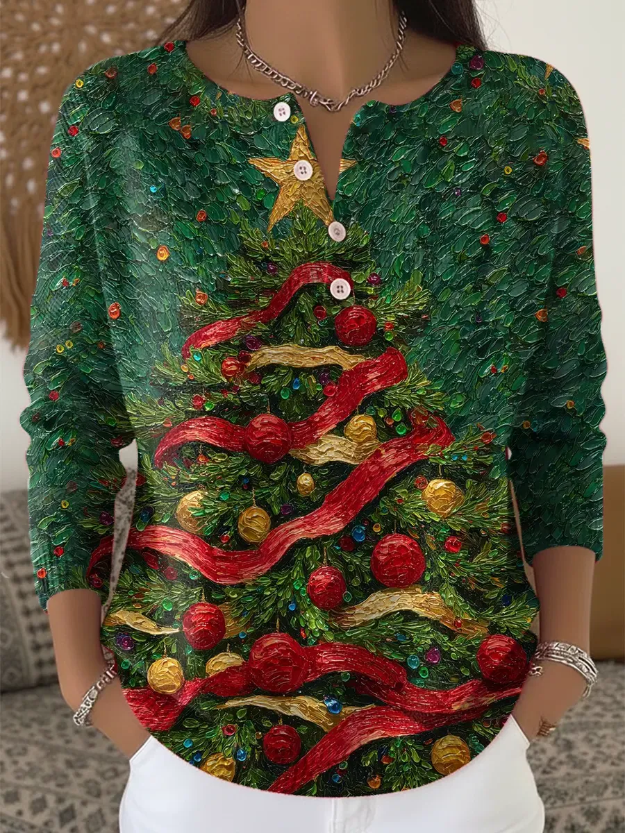 Christmas Tree Art Print Buttoned Cardigan Sweater
