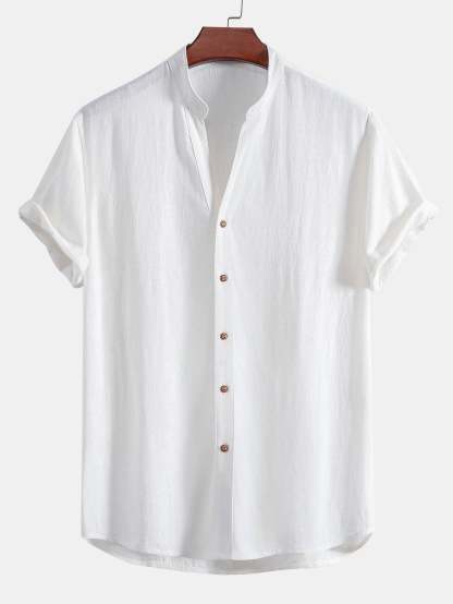 Short Sleeve V Neck Linen Rayon Blend Shirt