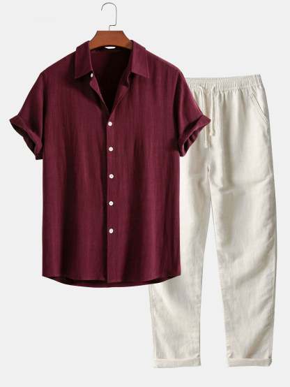 Linen Rayon Blend Button Up Shirt & Straight Leg Linen Pants