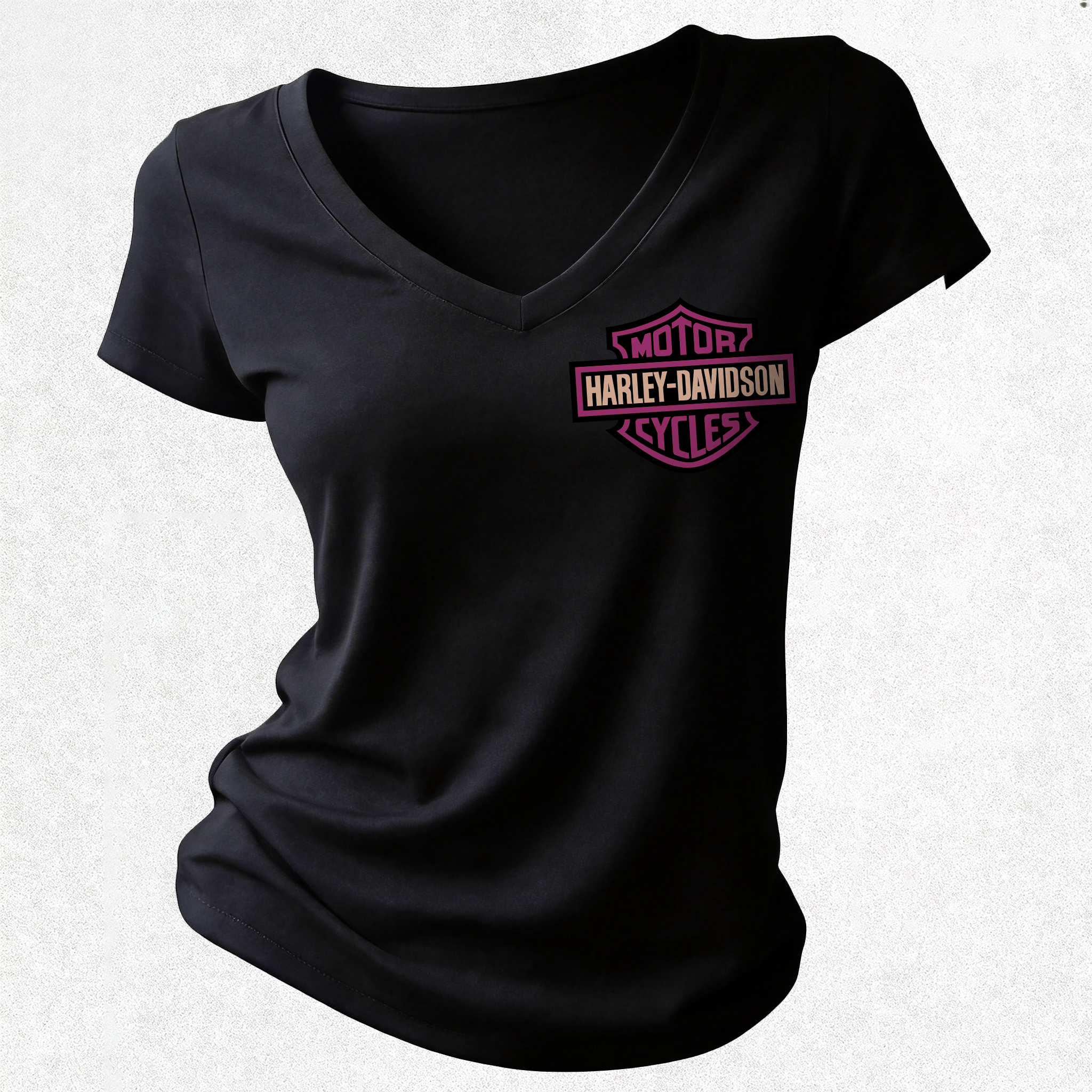  Motorcycles Printed Women's V-neck Pleated Waist Fitted T-shirt