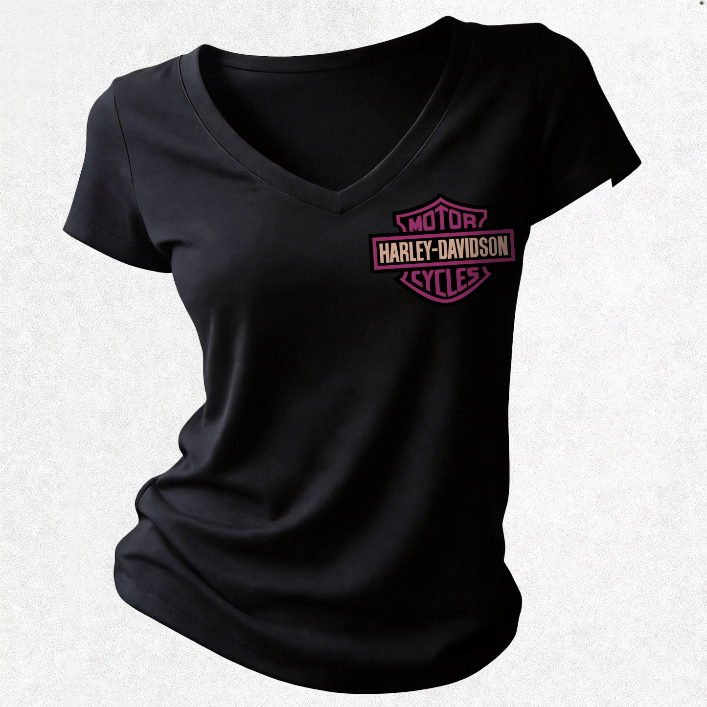  Motorcycles Printed Women's V-neck Pleated Waist Fitted T-shirt