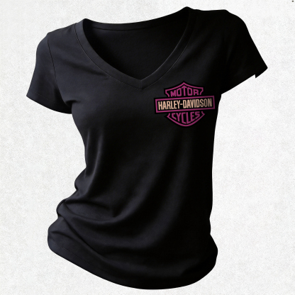  Motorcycles Printed Women's V-neck Pleated Waist Fitted T-shirt