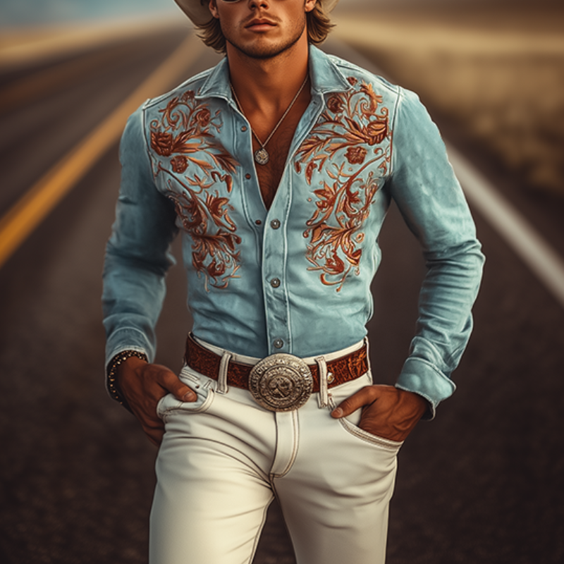 Men's Classic American Retro Western Suede Embroidered Long Sleeve Shirt