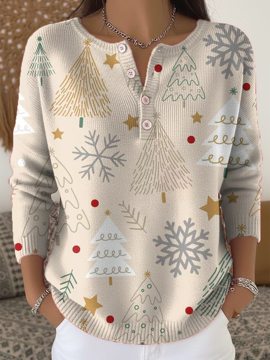 Beautiful Cute Winter Snowflake Christmas Tree Painting Art Print Buttoned Cardigan Sweater