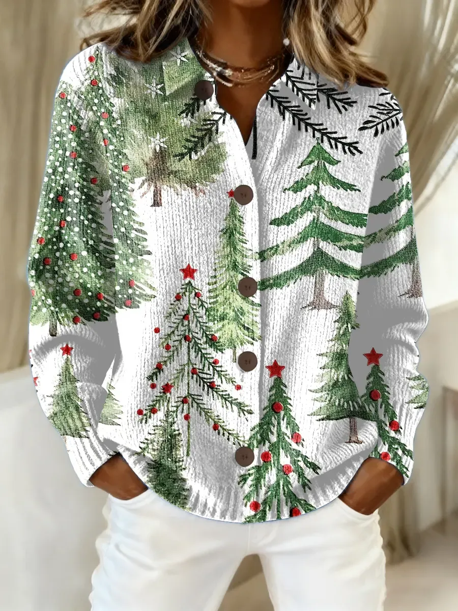 Women's Vintage Christmas Tree Art Print Casual Sweater