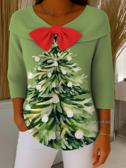 Women's Christmas Tree Art Print Casual Pullover Sweater