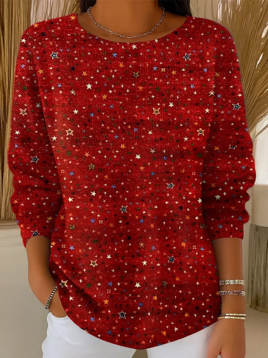 Women's Vintage Shining Christmas Art Print Casual Pullover Sweater