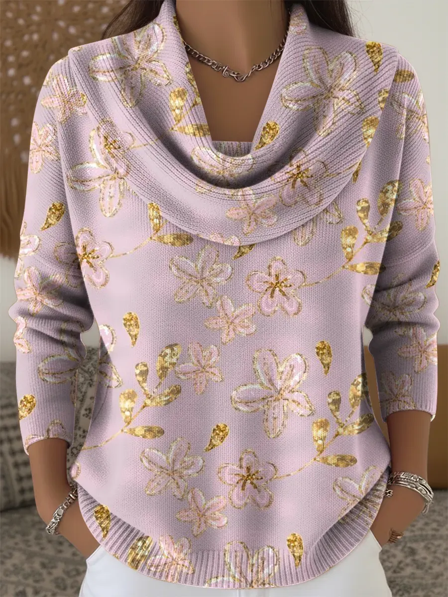 Women's Pink Flowers Print Cowl Neck Sweater