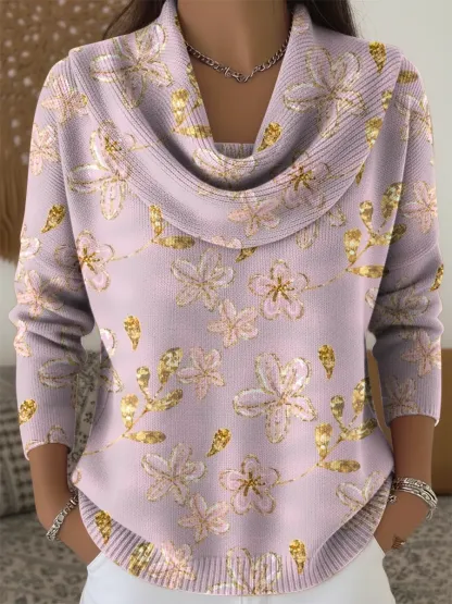 Women's Pink Flowers Print Cowl Neck Sweater