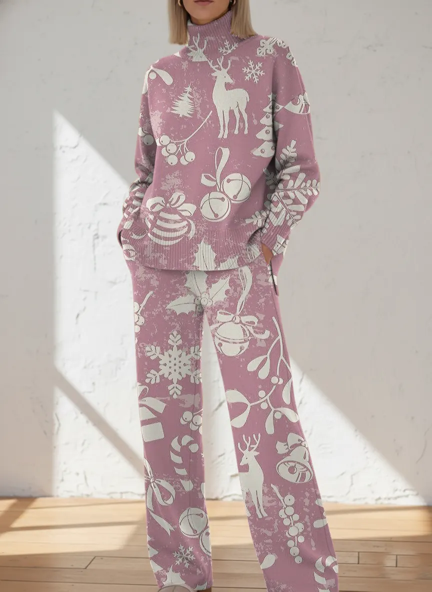 Women's Retro Christmas  Art Print Casual Knit Set