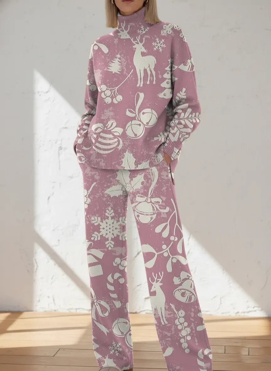 Women's Retro Christmas Art Print Casual Knit Set