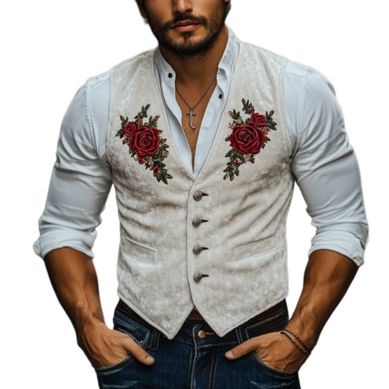 Men's Classic Casual American Retro Velvet Rose Embroidered Vest 