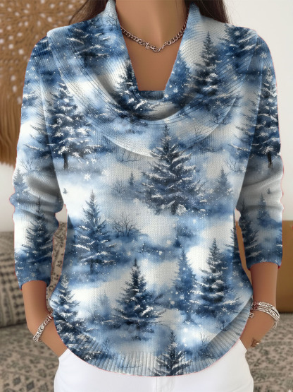 Women's Christmas Tree Pattern Art Print Cowl Neck Sweater