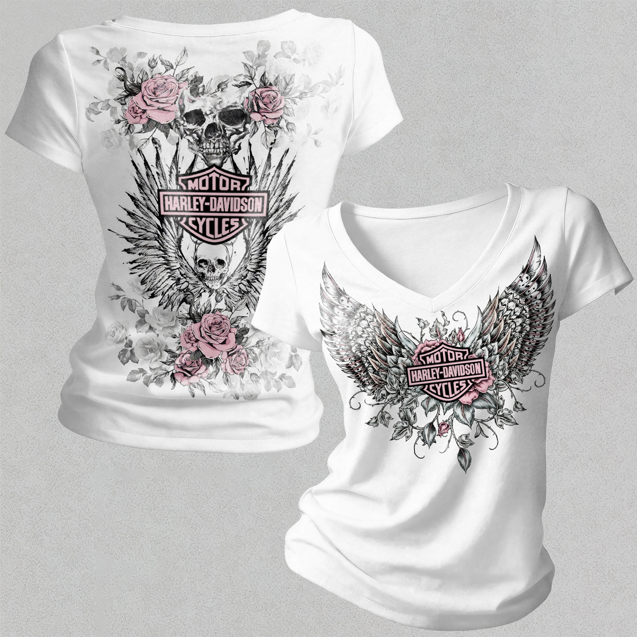  Motorcycles Printed Women's V-neck Pleated Waist Fitted T-shirt