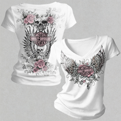  Motorcycles Printed Women's V-neck Pleated Waist Fitted T-shirt