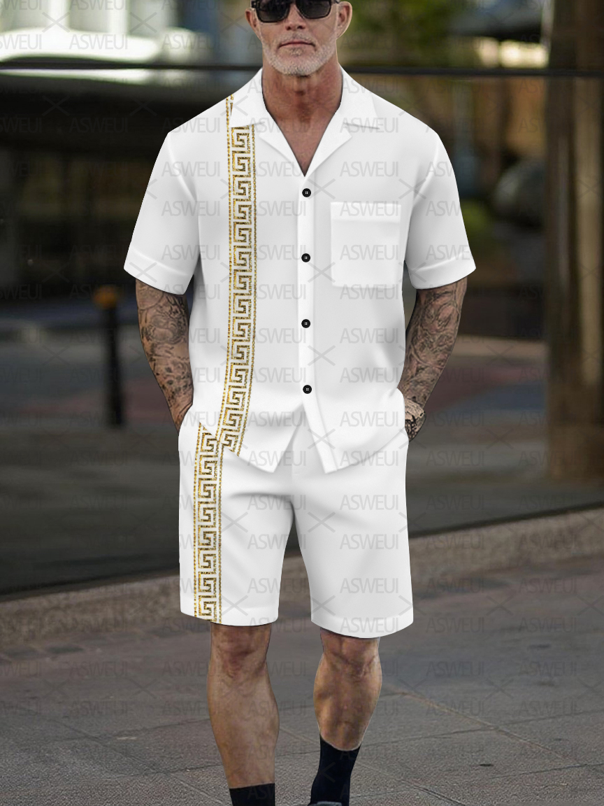 Men's Fashion Casual Geometric Print Short-Sleeved Shirt Set