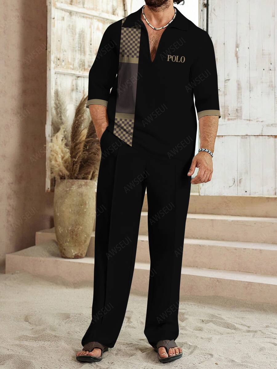Men's fashion casual color matching print sleeve V-neck two-piece set