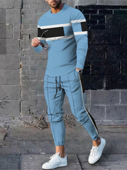 Men's fashion casual color matching blue printed long sleeve two-piece set