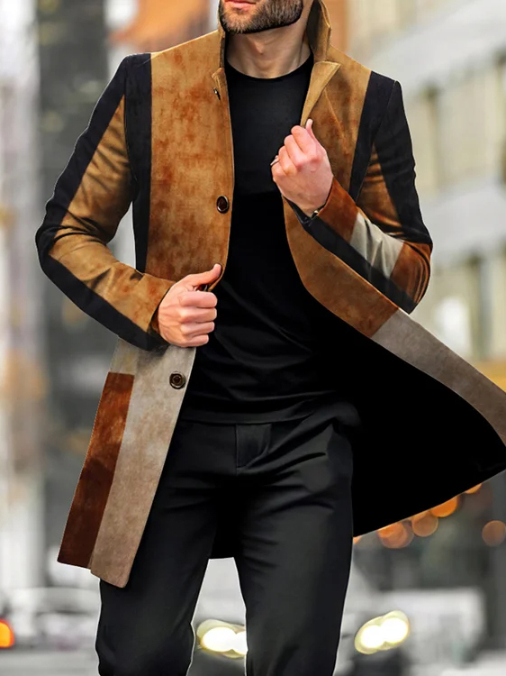 Men's fashion geometric print mid-length coat