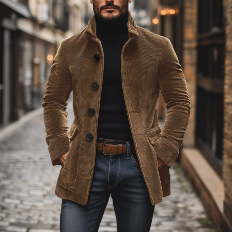 Men's Vintage Corduroy Stand Collar Single Breasted Slim Short Coat 