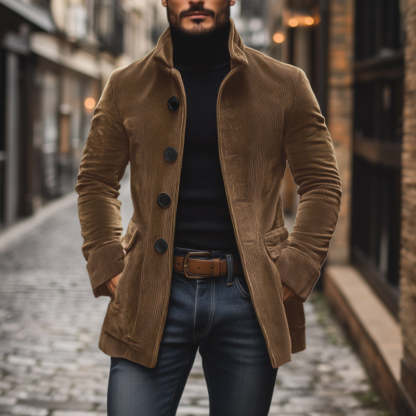 Men's Vintage Corduroy Stand Collar Single Breasted Slim Short Coat 