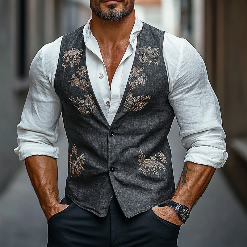 Men's Vintage Floral Embroidered Vest 