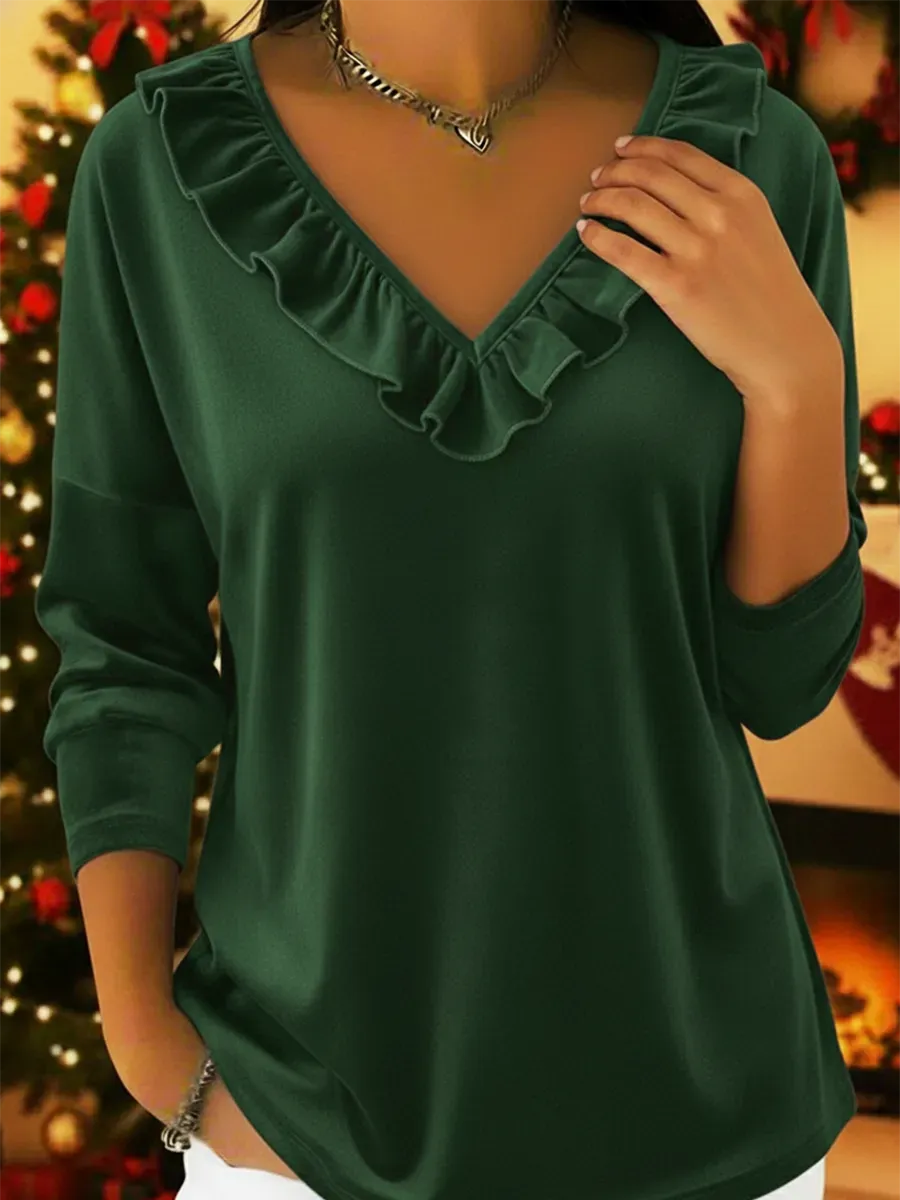 Retro Christmas Velvet V-neck Ruffled Pullover Top