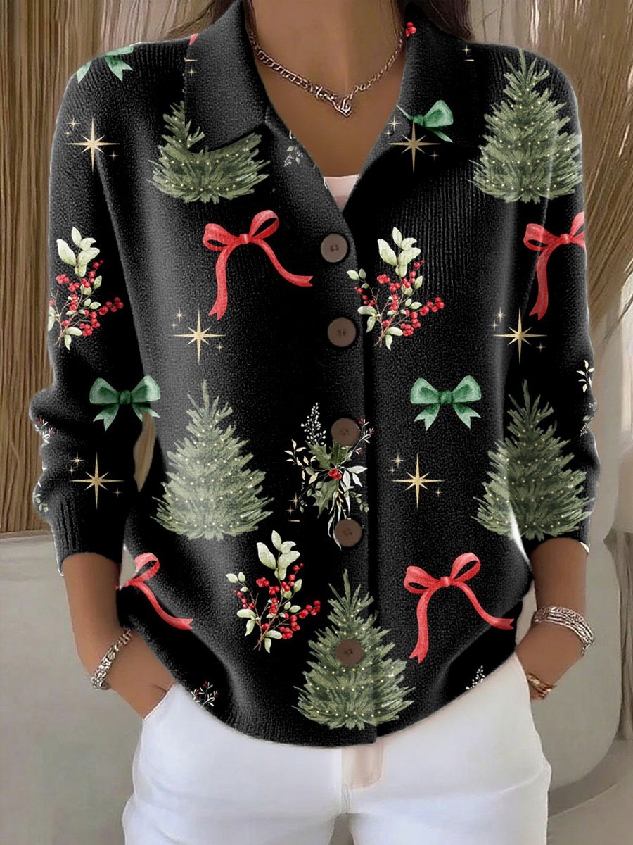 Vintage Christmas Art Print Buttoned Cardigan Sweater
