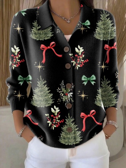 Vintage Christmas Art Print Buttoned Cardigan Sweater